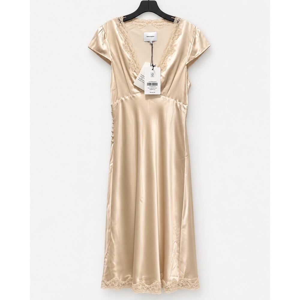 Reformation Florence Silk Dress Almond Size 8 NWT Lace Trim Midi Dress - Picture 2 of 9